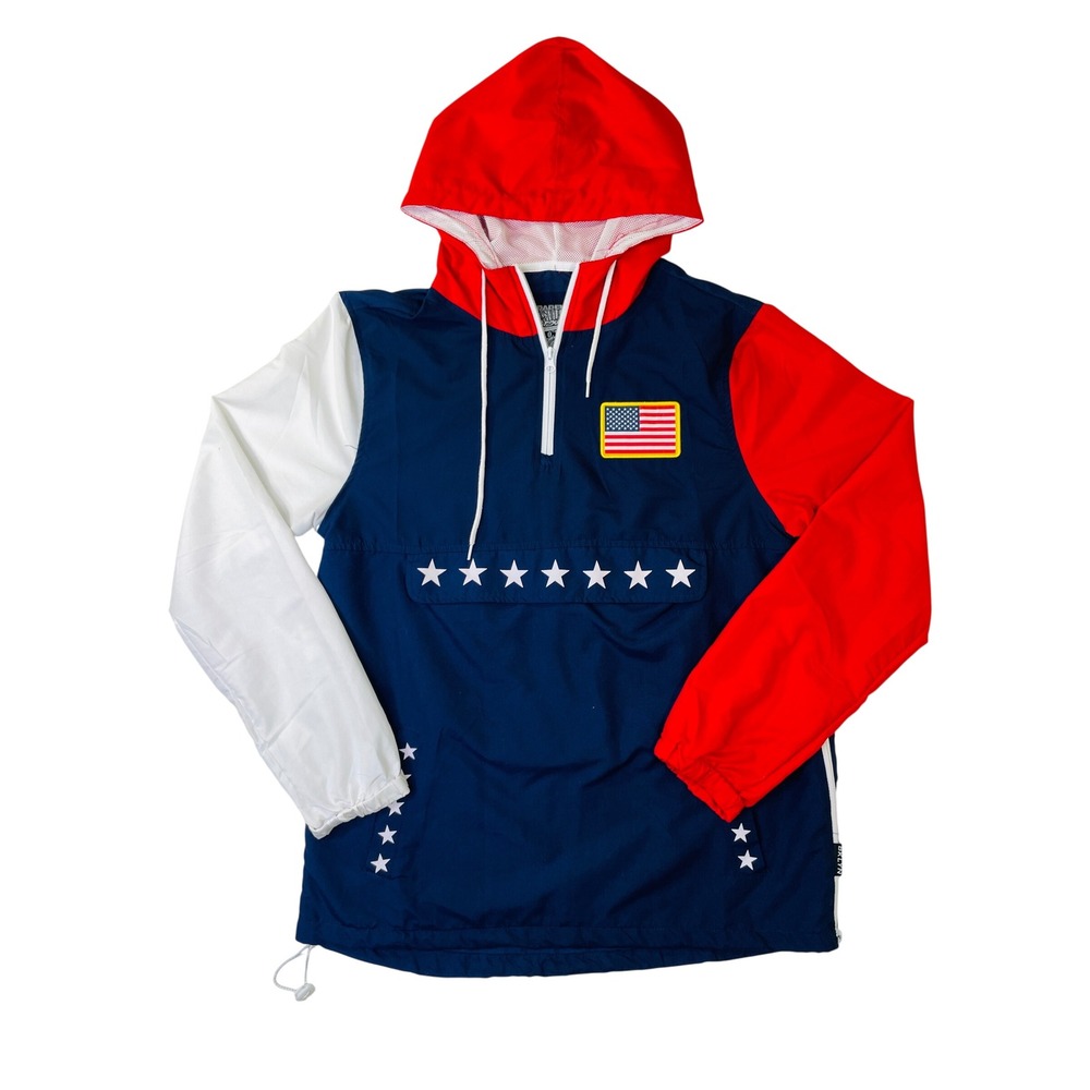 Brooklyn Cloth Mens Small Windbreaker Red White Blue USA Flag Star Anorak Jacket